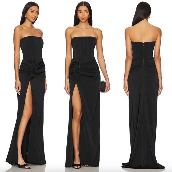 NBDNWT Jake Gown in Black Satin Strapless Corset Maxi Dress Rosette XS